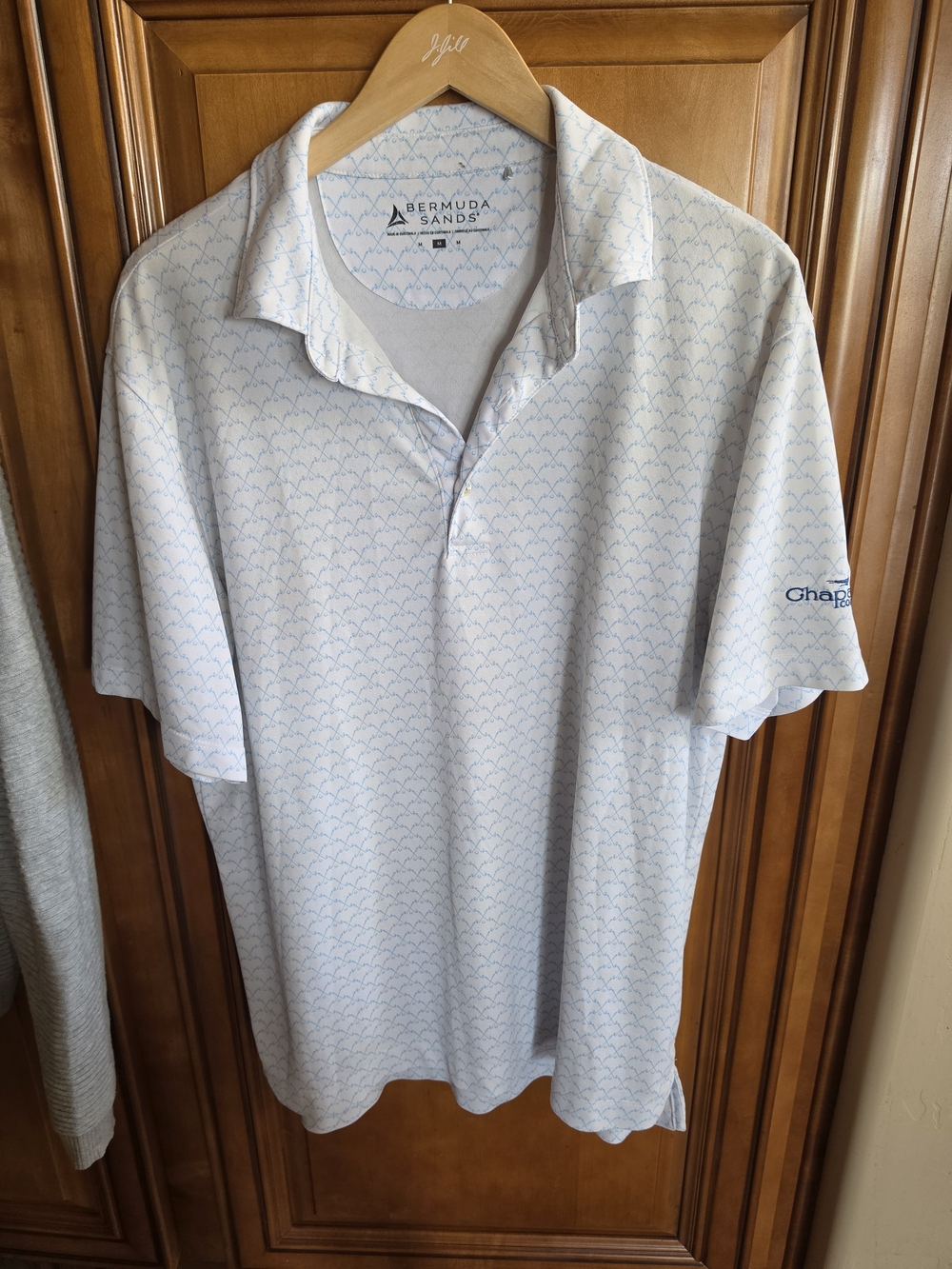 Bermuda Sands Chaparral Country Club Light Blue Golf Clubs Patterned Polo M EUC